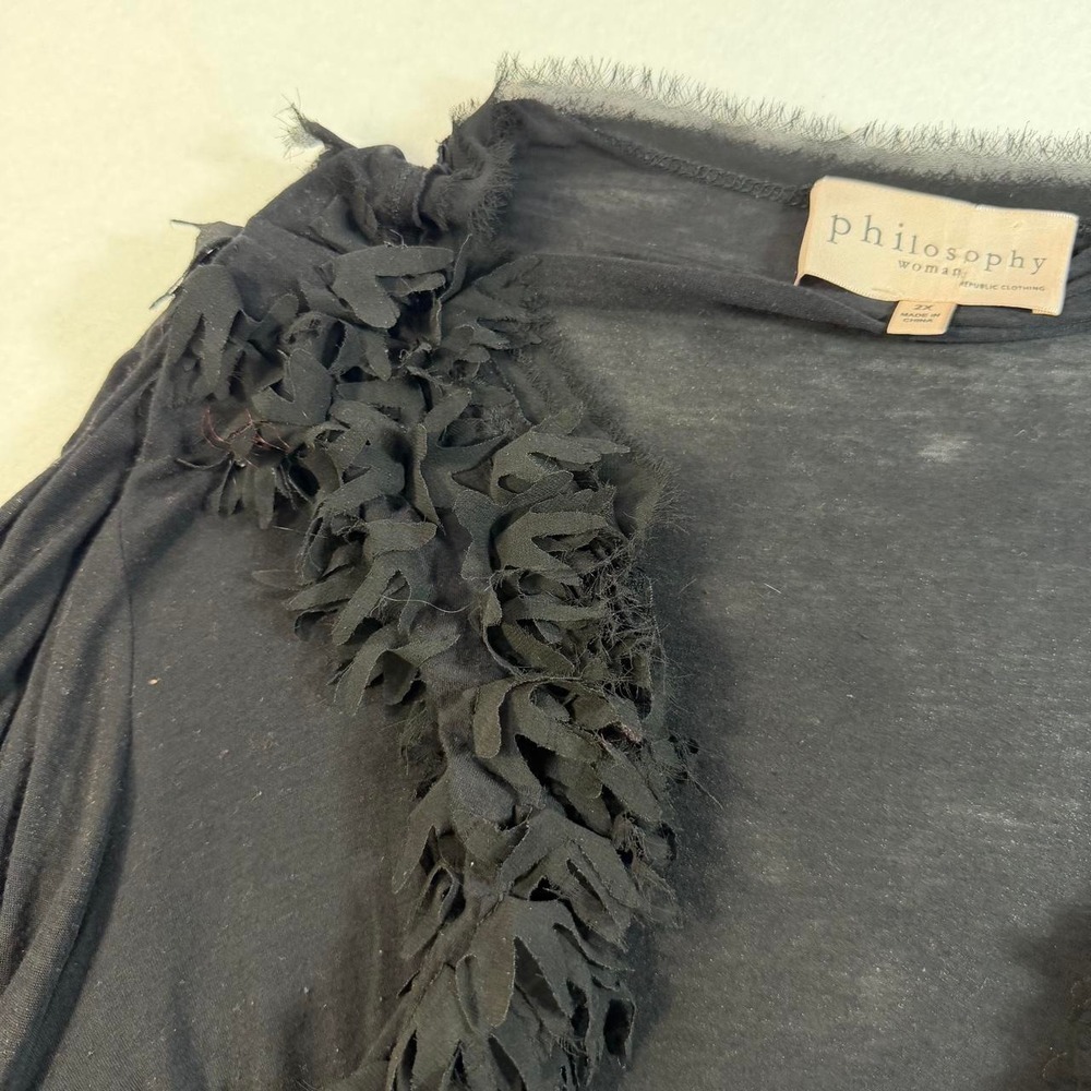 Philosophy Woman Black Ruffle Fringe Cardigan 2X Boho Whimsigoth Ruched Sleeve - Picture 3 of 6